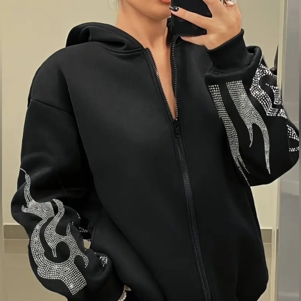 Black Zip-Up Hoodie with Rhinestone Flame Design
